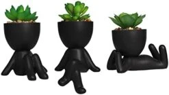 Zerzsy 3 PCS Cute Artificial Succulent Plants With Creative Human Shaped Pots, Mini Potted Succulents Decor For Home Decor (Matte Black) -Organic Plant Shop 3187EYr3ZL. AC