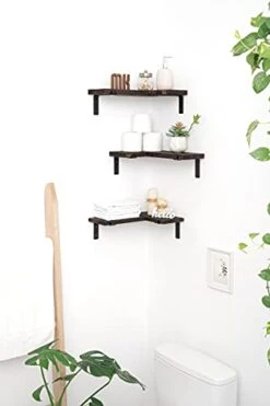Mkono Corner Floating Shelves Wall Shelf Set Of 3, Shelves For Wall Storage, Rustic Wood Wall Mounted Display Shelves For Bathroom Bedroom Kitchen Garage, Brown