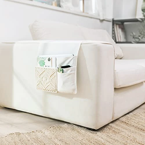 Mkono Couch Bedside Caddy Boho Remote Control Holder Macrame Armrest Storage Sofa Organizer With 4 Pockets For Magazine, Books, Tablet, Sunglasses, Cell Phone, IPad, Home Dorm Room Decor, Ivory 2 Mkono Couch Bedside Caddy Boho Remote Control Holder Macrame Armrest Storage Sofa Organizer With 4 Pockets For Magazine, Books, Tablet, Sunglasses, Cell Phone, IPad, Home Dorm Room Decor, Ivory - Image 2