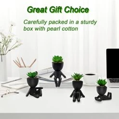 4 PCS Fake Succulent With Ceramic Artificial Succulent Planter Pot For Home Decor, Cute Human Shaped Mini Pots For Office Desk Bathroom Decorations (Matte Black) -Organic Plant Shop 413829TssFL