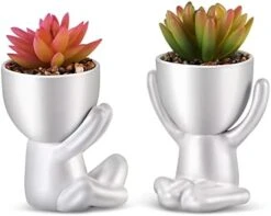 WOODWORD Fake Succulent, Mini Succulents Plants Artificial In Black Modern Human Shaped Ceramic Pots Cute Desk Decor For Office Decor For Women, Bathroom 2PCS -Organic Plant Shop 413ApcbxlFL. AC