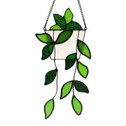 BOXCASA Green Plants Artificial Decor,Handcrafted Green Fake Plant Stained Glass Window Hanging,Faux Plant Suncatchers Decoration Gifts For Plant Lovers,Plant Gift For Mother Nana Grandma Aunt