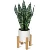 Briful 14'' Fake Snake Plant Home Decor Real Touch Faux Sansevieria Plant In White Ceramic Pot With Wooden Stand Artificial Snake Plant With Wide Leaves For Kitchen Living Room Bathroom Decorations
