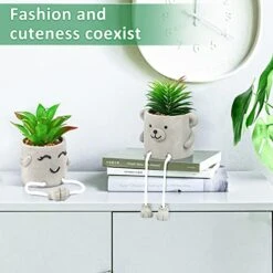 Natheeph 2 Pcs Succulents Plants Artificial Fake Plant Faux Succulents Hanging Leg With Cement Potted For Home Office Desk Bedroom Bookshelf Greenery Decoration (Smile & Bear) -Organic Plant Shop 415ow7BGrrL