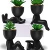4 PCS Fake Succulent With Ceramic Artificial Succulent Planter Pot For Home Decor, Cute Human Shaped Mini Pots For Office Desk Bathroom Decorations (Matte Black)