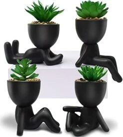 4 PCS Fake Succulent With Ceramic Artificial Succulent Planter Pot For Home Decor, Cute Human Shaped Mini Pots For Office Desk Bathroom Decorations (Matte Black) -Organic Plant Shop 419TyiEGgUL. AC