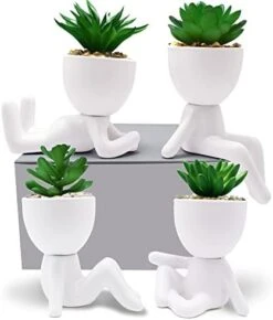 4 PCS Fake Succulent With Ceramic Artificial Succulent Planter Pot For Home Decor, Cute Human Shaped Mini Pots For Office Desk Bathroom Decorations (Matte Black) -Organic Plant Shop 41DhSP1q9GL. AC