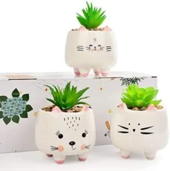 B SEPOR 3 Little Kitty Cats Small Artificial Succulents Potted With White Porcelain Pots Ceramic Animal Planter Gift Set For Home And Office Decor -Organic Plant Shop 41EtXh8itL. AC