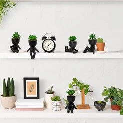 4 PCS Fake Succulent With Ceramic Artificial Succulent Planter Pot For Home Decor, Cute Human Shaped Mini Pots For Office Desk Bathroom Decorations (Matte Black) -Organic Plant Shop 41NxbtymVmL