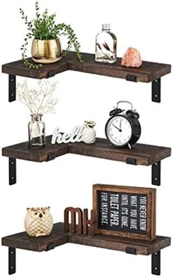 Mkono Corner Floating Shelves Wall Shelf Set Of 3, Shelves For Wall Storage, Rustic Wood Wall Mounted Display Shelves For Bathroom Bedroom Kitchen Garage, Brown -Organic Plant Shop 41OqDUsAyS. AC