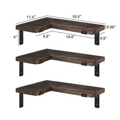 Mkono Corner Floating Shelves Wall Shelf Set Of 3, Shelves For Wall Storage, Rustic Wood Wall Mounted Display Shelves For Bathroom Bedroom Kitchen Garage, Brown -Organic Plant Shop 41ROlIml53S
