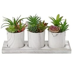 Briful Succulents Plants Artificial In Marble Pot Set Of 3 Small Fake Succulents Plants Faux Succulents With Wood Tray For Table Shelf Office Home Decorations