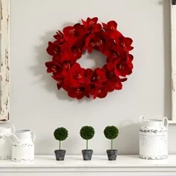 Nearly Natural Amaryllis Wreath, 22", Red -Organic Plant Shop 41VAvFyc0mL