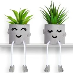 Artificial Potted Plant Faux Succulent Plant Cubicle Decor Cute Fake Desktop Plant Hanging Leg Cement Potted Decor For Bookshelf Bedroom Living Room Office Decor (Simple Style,2 Pcs)