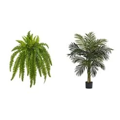 Nearly Natural 35” Boston Fern Artificial (Set Of 2) Silk Plants Green & 5357 4ft. Golden Cane Palm Tree,Green