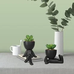 Zerzsy 3 PCS Cute Artificial Succulent Plants With Creative Human Shaped Pots, Mini Potted Succulents Decor For Home Decor (Matte Black) -Organic Plant Shop 41cpvK4FC5L
