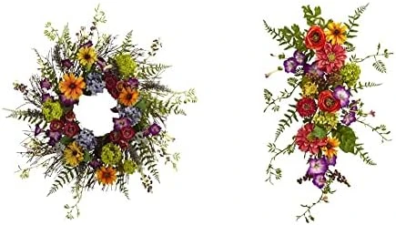 Nearly Natural 24-Inch Spring Garden Wreath With Twig Base, Multicolored/Green & 4578 Garden Flower Teardrop,24" 5 Nearly Natural 24-Inch Spring Garden Wreath With Twig Base, Multicolored/Green & 4578 Garden Flower Teardrop,24" - Image 5