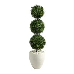 Nearly Natural 3.5ft. Boxwood Triple Ball Topiary Artificial Tree In White Planter (Indoor/Outdoor), Green