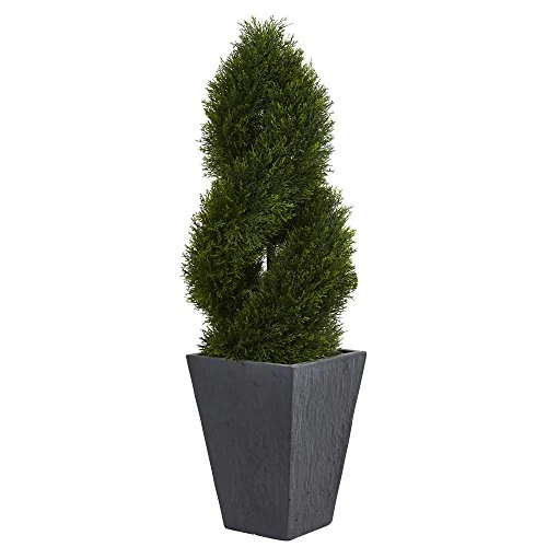Nearly Natural 5703 Cypress Double Spiral Topiary In Slate Planter, 4' , Green
