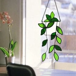 BOXCASA Green Plants Artificial Decor,Handcrafted Green Fake Plant Stained Glass Window Hanging,Faux Plant Suncatchers Decoration Gifts For Plant Lovers,Plant Gift For Mother Nana Grandma Aunt -Organic Plant Shop 41ih6JgEWfL
