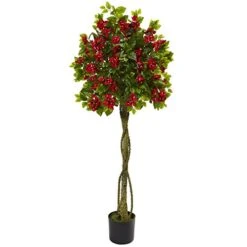 Nearly Natural 5â€™ Bougainvillea Artificial Topiary Tree, Red,26"D X 26"W X 5'H