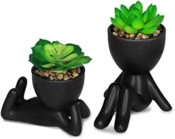 Zerzsy 3 PCS Cute Artificial Succulent Plants With Creative Human Shaped Pots, Mini Potted Succulents Decor For Home Decor (Matte Black) -Organic Plant Shop 41kOEBoNUhL. AC