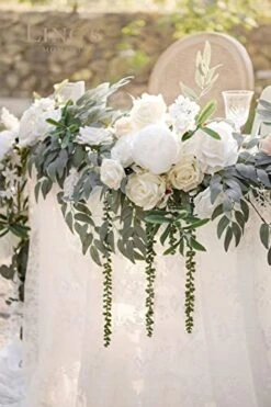 Ling's Moment 9FT Eucalyptus And Willow Leaf Garland With White Flower, Handcrafted Wedding Sweetheart Table Centerpieces Head Table Decor Arch Backdrop Decorations For Wedding | White & Sage -Organic Plant Shop 41mCFuX5L8L