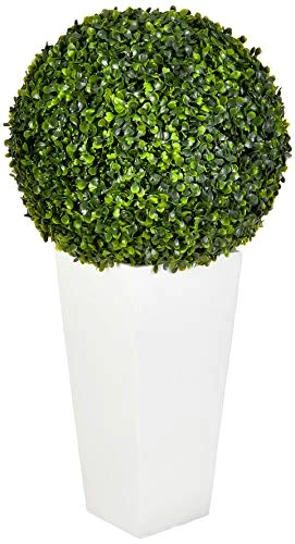 Nearly Natural 6404 Artificial Plant (Indoor/Outdoor) 28†Boxwood Topiary Ball In White Tower Planter, Green,15"Dx15"Wx28"H 1 Nearly Natural 6404 Artificial Plant (Indoor/Outdoor) 28†Boxwood Topiary Ball In White Tower Planter, Green,15"Dx15"Wx28"H