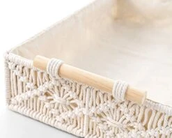 Mkono Macrame Decorative Tray Boho Home Decor Basket With Wooden Handles Handmade Woven Jewelry Perfume Makeup Storage Organizer For Vanity, Dresser, Countertop, Bedroom, Living Room, 14''L X 10''W -Organic Plant Shop 41pMQrWER3L