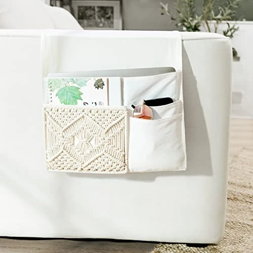 Mkono Couch Bedside Caddy Boho Remote Control Holder Macrame Armrest Storage Sofa Organizer With 4 Pockets For Magazine, Books, Tablet, Sunglasses, Cell Phone, IPad, Home Dorm Room Decor, Ivory 1 Mkono Couch Bedside Caddy Boho Remote Control Holder Macrame Armrest Storage Sofa Organizer With 4 Pockets For Magazine, Books, Tablet, Sunglasses, Cell Phone, IPad, Home Dorm Room Decor, Ivory