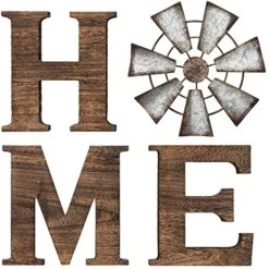 Mkono Farmhouse Wall Decor Wooden Home Sign With Metal Windmill For O Rustic Hanging Home Letters Decorative Wall Art Decor Signs For Living Room Kitchen Bedroom Entryway House, Brown