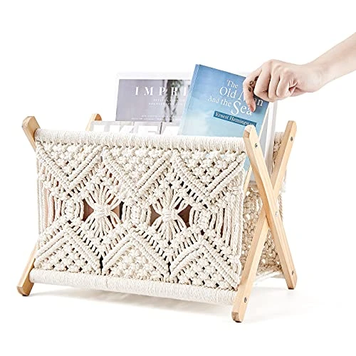 Mkono Macrame Magazine Rack Boho Magazine Holder Storage Standing Basket For Books, Newspapers, Swaddle Blanket, Living Room, Bathroom, Office, Nursery, Home Decor, Medium Size, 14’’L X 10’’W 3 Mkono Macrame Magazine Rack Boho Magazine Holder Storage Standing Basket For Books, Newspapers, Swaddle Blanket, Living Room, Bathroom, Office, Nursery, Home Decor, Medium Size, 14’’L X 10’’W - Image 3