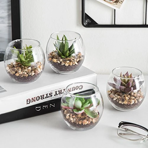 MyGift Assorted Artificial Succulent Fake Plant In Small Clear Glass Display Vases, Set Of 4 3 MyGift Assorted Artificial Succulent Fake Plant In Small Clear Glass Display Vases, Set Of 4 - Image 3