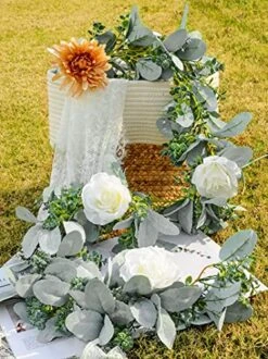 Miracliy 6 Ft Eucalyptus Garland With Flowers, Lambs Ear Greenery White Roses Flower Garland Fake Vines For Wedding Boho Table Mantle Backdrop Party Farmhouse Home Decor -Organic Plant Shop 511e6mPHzzS