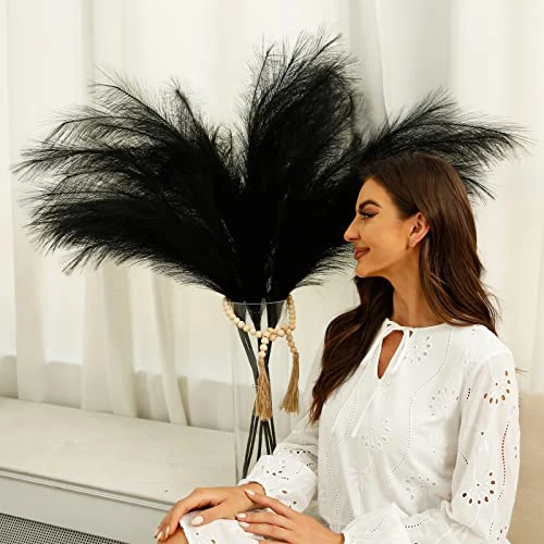 Black Faux Pampas Grass Set Of 3Pcs,43"/110cm Tall Fake Pompas Floral With DIY Card & Wooden Beads Garland,Large Artificial Pompous Grass Branches Plants For Floor Vase Filler Home Boho Decoration 3 Black Faux Pampas Grass Set Of 3Pcs,43"/110cm Tall Fake Pompas Floral With DIY Card & Wooden Beads Garland,Large Artificial Pompous Grass Branches Plants For Floor Vase Filler Home Boho Decoration - Image 3