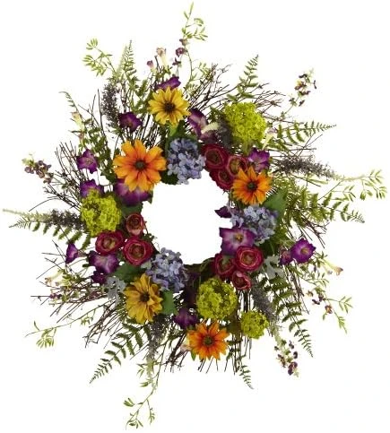 Nearly Natural 24-Inch Spring Garden Wreath With Twig Base, Multicolored/Green & 4578 Garden Flower Teardrop,24" 4 Nearly Natural 24-Inch Spring Garden Wreath With Twig Base, Multicolored/Green & 4578 Garden Flower Teardrop,24" - Image 4