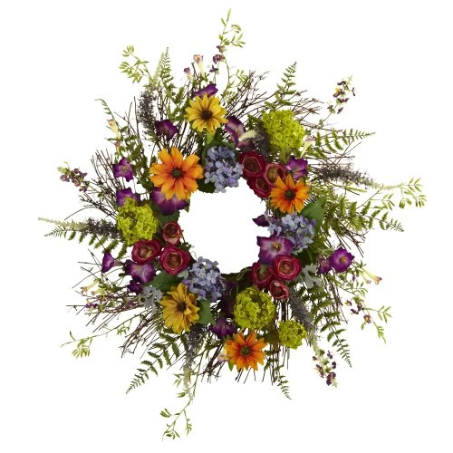 Nearly Natural 24-Inch Spring Garden Wreath With Twig Base, Multicolored/Green & 4578 Garden Flower Teardrop,24" 1 Nearly Natural 24-Inch Spring Garden Wreath With Twig Base, Multicolored/Green & 4578 Garden Flower Teardrop,24"