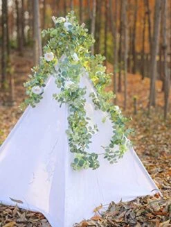 PARTY JOY 6.56ft Eucalyptus Garland With Flowers-8 White Roses, Artificial Fake Flowers Greenery Garland Floral Vines For Decoration Party Wedding Table Indoor Outdoor Backdrop Wall Decor(White) -Organic Plant Shop 515ihIY8iaL
