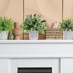 Set Of 3 Assorted Small Potted Plants Fake Eucalyptus And Rosemary Plants In Gray Geometric Concrete Ceramic Pots For Gifts Home Kitchen Office Shelf Table Desk Modern Indoor Outdoor Greenery Decor -Organic Plant Shop 516WckfSR8L