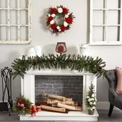 Nearly Natural 4899 Hydrangea With White Roses Wreath, 24-Inch, Red /White/Green -Organic Plant Shop 5171Pq6VZEL