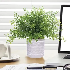 Set Of 3 Assorted Small Potted Plants Fake Eucalyptus Boxwood Plants And Aloe Succulent Plant In Gray Geometric Concrete Ceramic Pots For Gifts Home Kitchen Table Desk Indoor Outdoor Greenery Decor -Organic Plant Shop 519c7yzRi6L