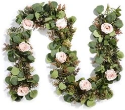 Miracliy 6 Ft Eucalyptus Garland With Flowers, Lambs Ear Greenery White Roses Flower Garland Fake Vines For Wedding Boho Table Mantle Backdrop Party Farmhouse Home Decor -Organic Plant Shop 519tWagLg0L. AC