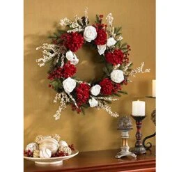 Nearly Natural 4899 Hydrangea With White Roses Wreath, 24-Inch, Red /White/Green