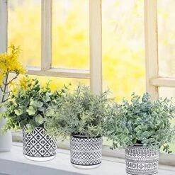 Set Of 3 Assorted Small Potted Plants Fake Eucalyptus Rosemary Plants In Black & White Geometric Concrete Ceramic Pots For Table Centerpiece Desk Shelf Kitchen Office Indoor Outdoor Greenery Decor -Organic Plant Shop 51BjaV7IoLL