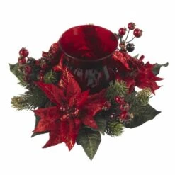 Nearly Natural 4920 Poinsettia And Berry Candleabrum, Red