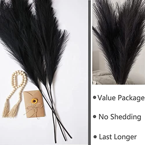 Black Faux Pampas Grass Set Of 3Pcs,43"/110cm Tall Fake Pompas Floral With DIY Card & Wooden Beads Garland,Large Artificial Pompous Grass Branches Plants For Floor Vase Filler Home Boho Decoration 4 Black Faux Pampas Grass Set Of 3Pcs,43"/110cm Tall Fake Pompas Floral With DIY Card & Wooden Beads Garland,Large Artificial Pompous Grass Branches Plants For Floor Vase Filler Home Boho Decoration - Image 4