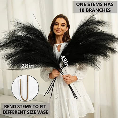 Black Faux Pampas Grass Set Of 3Pcs,43"/110cm Tall Fake Pompas Floral With DIY Card & Wooden Beads Garland,Large Artificial Pompous Grass Branches Plants For Floor Vase Filler Home Boho Decoration 2 Black Faux Pampas Grass Set Of 3Pcs,43"/110cm Tall Fake Pompas Floral With DIY Card & Wooden Beads Garland,Large Artificial Pompous Grass Branches Plants For Floor Vase Filler Home Boho Decoration - Image 2