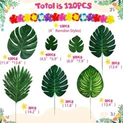 Moon Boat 120PCS Tropical Palm Leaves Plants Hibiscus Artificial-105Pcs 7 Kinds Green Fake Leaf+15pcs Flowers, Hawaiian/Luau/Safari Jungle Party Table Decorations -Organic Plant Shop 51GSI50g8aL