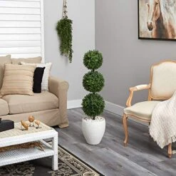 Nearly Natural 3.5ft. Boxwood Triple Ball Topiary Artificial Tree In White Planter (Indoor/Outdoor), Green 7 Nearly Natural 3.5ft. Boxwood Triple Ball Topiary Artificial Tree In White Planter (Indoor/Outdoor), Green -Organic Plant Shop 51H05BQ7ocL