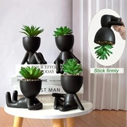 4 PCS Fake Succulent With Ceramic Artificial Succulent Planter Pot For Home Decor, Cute Human Shaped Mini Pots For Office Desk Bathroom Decorations (Matte Black) -Organic Plant Shop 51HVR3WxqXL